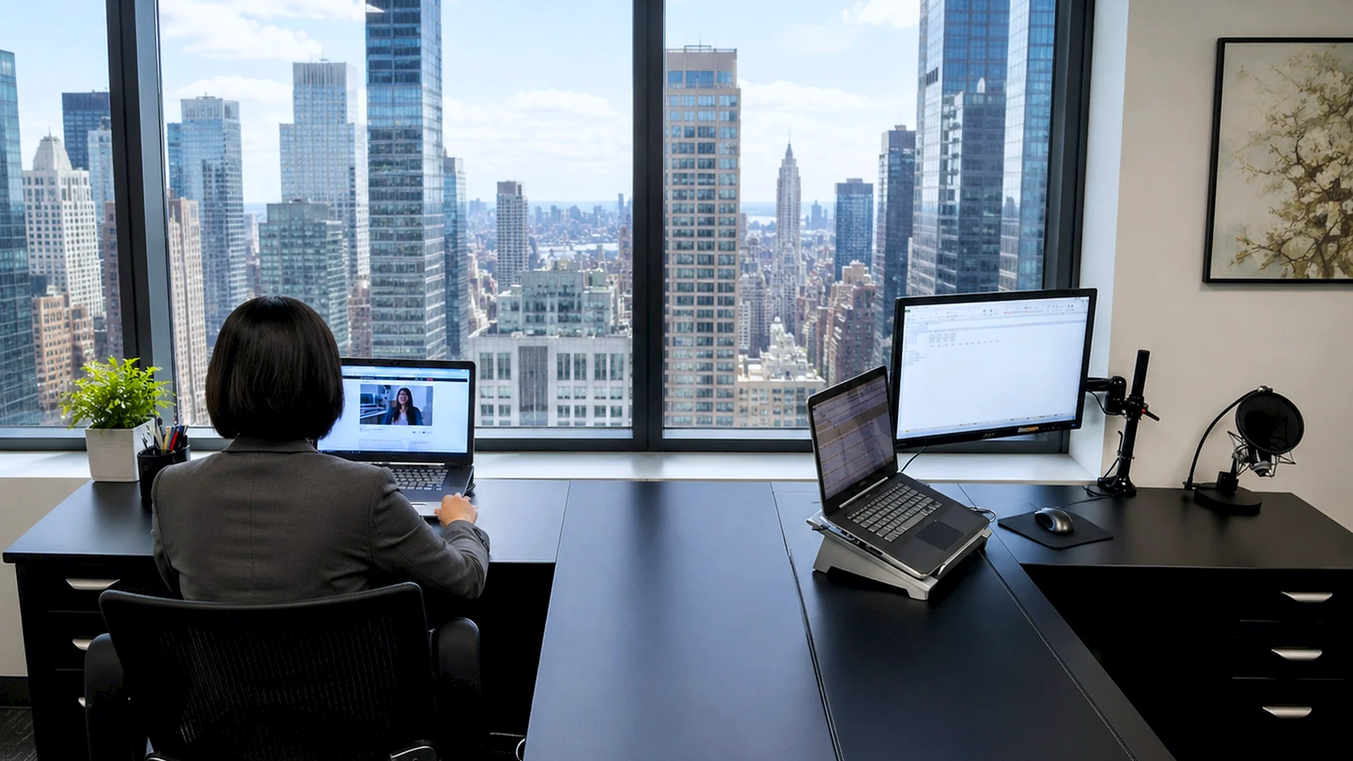 Employee analysing data on a computer in the evening